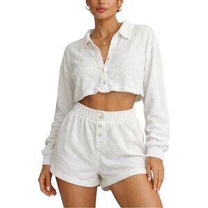 Nasty Gal White Terry Toweling Two-Piece Button Short Set (Size 4 Small)